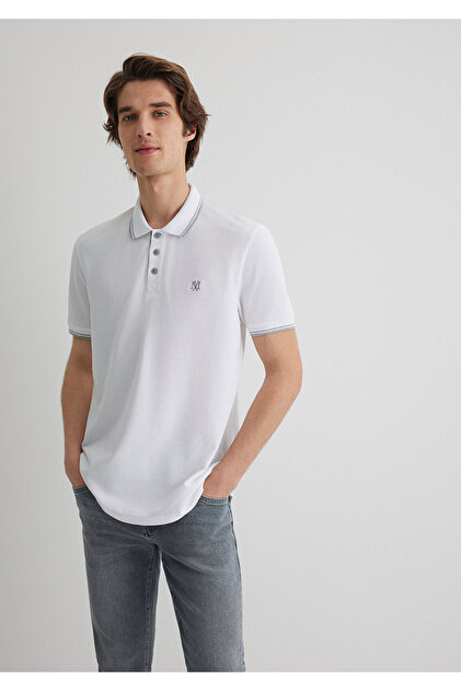 Mavi Yaka Detaylı Beyaz Polo Tişört Slim Fit / Dar Kesim 064164