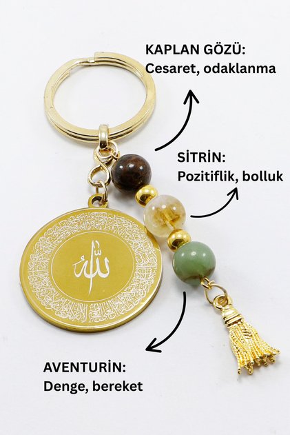 Steel Double-Sided Ayatul Kursi Felak Nas Ihlas Keychain, Natural Stone Tiger Eye, Citrine, Aventurine