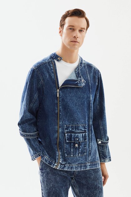 Erkek Bisiklet Yakalı Yan fermuarlı Denim Ceket