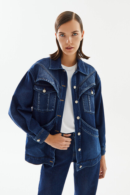 Kadın Geniş Cep Detaylı Denim Ceket
