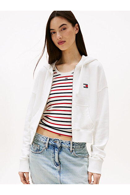 Tommy Hilfiger Badge Kadın Beyaz Kapüşonlu Sweatshirt