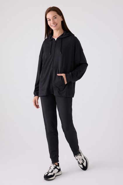 Women's Hooded Pigment Printed Winter Regular Fit Black Pajama Set Ar3111-S-V1