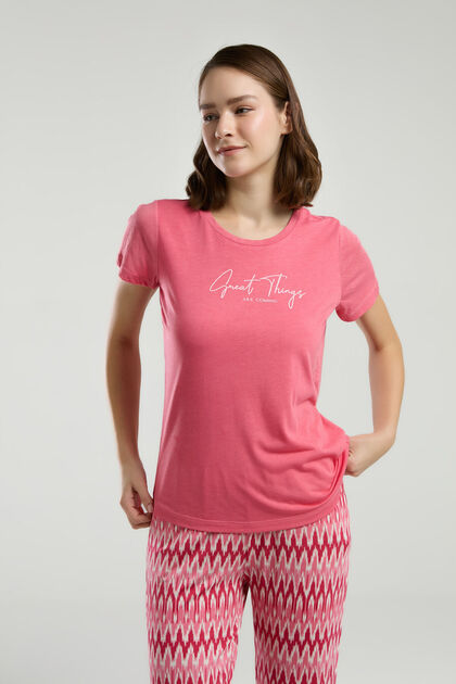 Women's Crew Neck Pigment Printed Summer Regular Fit Pink Pajama Set Ar3248-S-V1