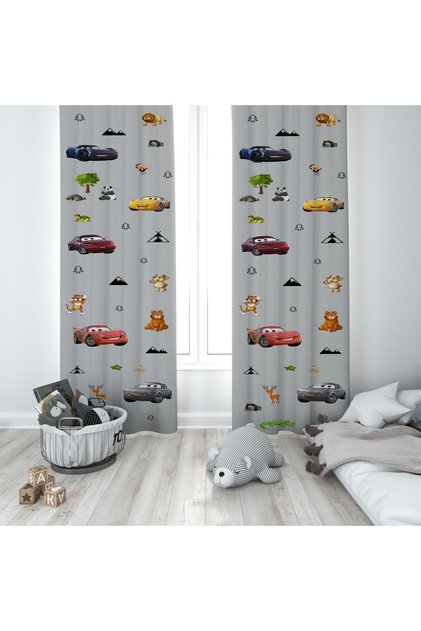 Cute Animals and Car Patterned Children's and Baby's Room Background Curtain 2 Wings Tla-229
