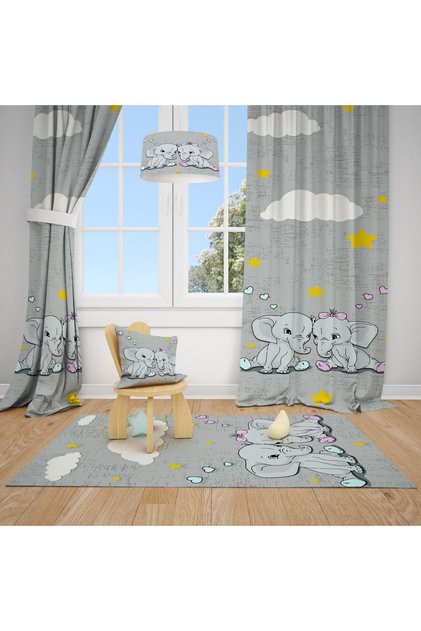 Cute Elephant Patterned Children and Baby Room Background Curtain Tla-213