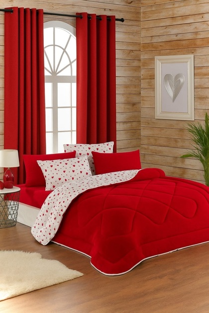 Double 6-Piece Heart Pattern Welsoft Sleep Set | Quilt + Sheet + Cover + Pillowcase | Dowry Set