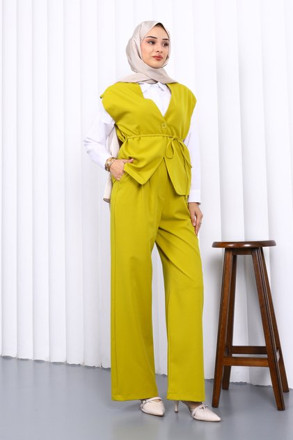 Oil Green Vest Pants Two-Piece Set