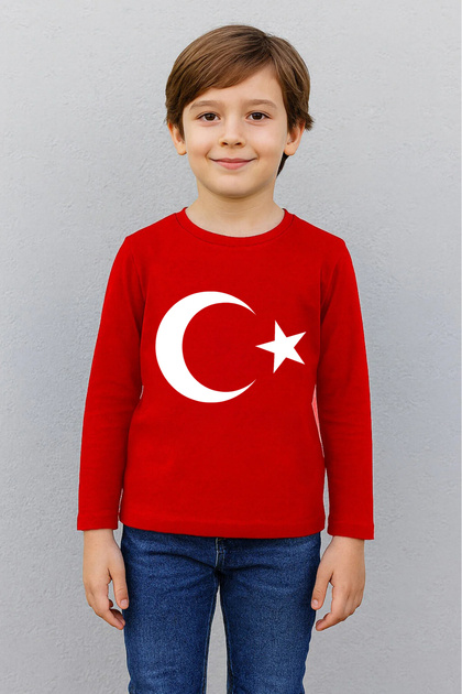 Children's Red Long Sleeve Moon Star Printed T-Shirt