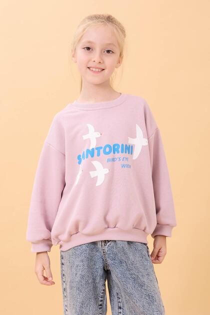 Girl's Oversize Santorini Printed Seasonal Sweatshirt Light Rose Color