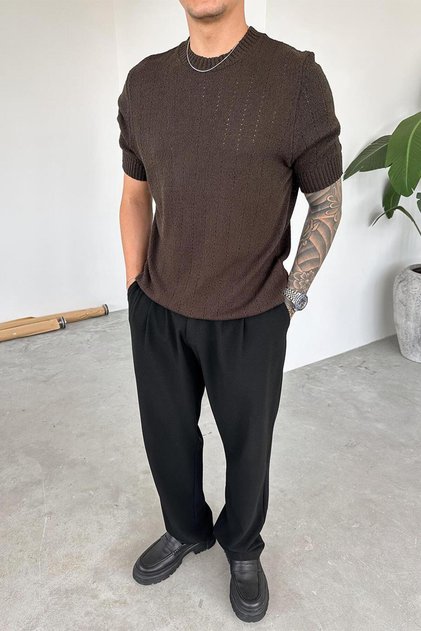 Brown knitted detail regular t-shirt