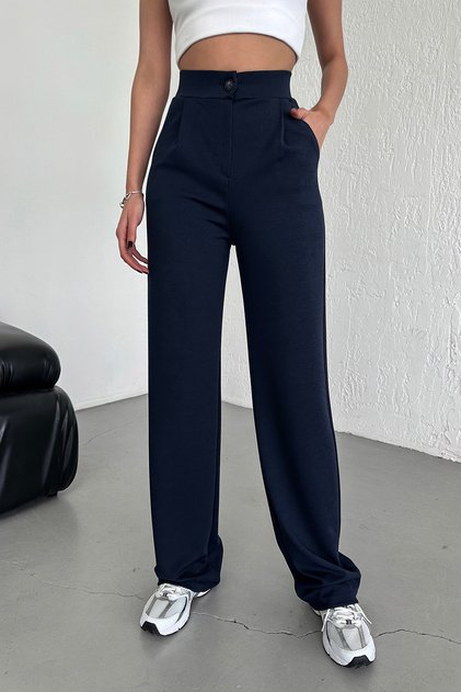 Women's Navy Blue Buttoned Pleated High Waist Lycra Crepe Fabric Loose Fit Palazzo Pants