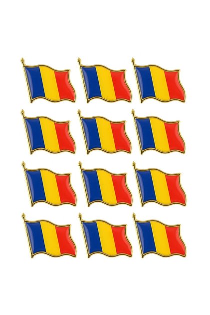 Set de 12 insigne cu tricolorul românesc, model Flippy, broșă tip ac de siguranță, 20x20 mm