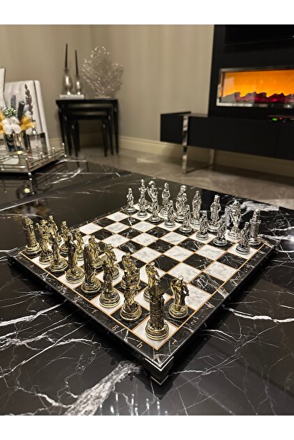 Ottoman & Byzantine Figured Metal Chess Set – 33X33 cm Marble Patterned (Mdf) Board, Cast Metal Pieces