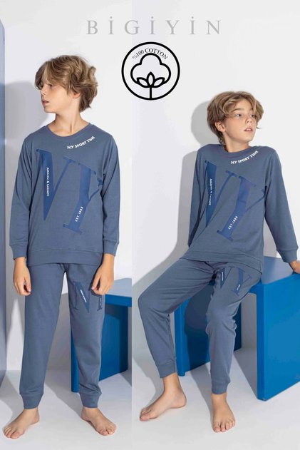 Indigo Interlock Boys Pajama Set Teenager Pajama Set 100% Cotton Quality Pajama