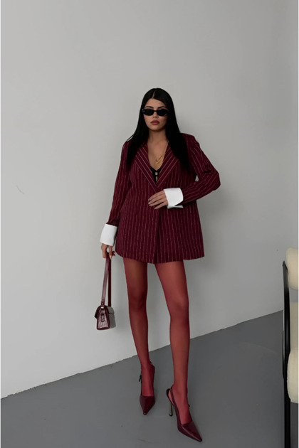 Bordo Çizgili Ceket Çift Düğme