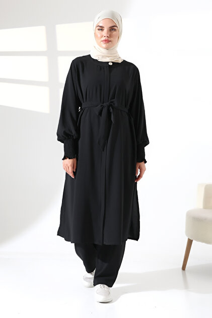 hajj dress for ladies ihvan online Women's Linen and Umrah Clothing Belted Hijab Two-Piece Set - Black 28 cm (10.6
