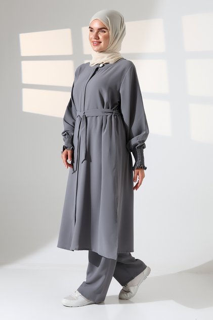 Women's Linen Hajj and Umrah Clothing Belted Hijab Two-Piece Set - Gray