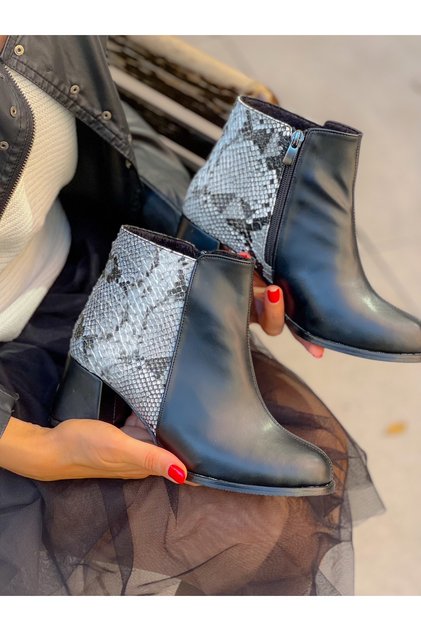 Pery Black Leather Gray Snake Skin Detail Round Toe Heelled Boots Bottie