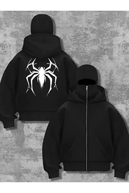 Gofeel Harajuku Unisex Oversize Siyah Spider Baskılı Maskeli