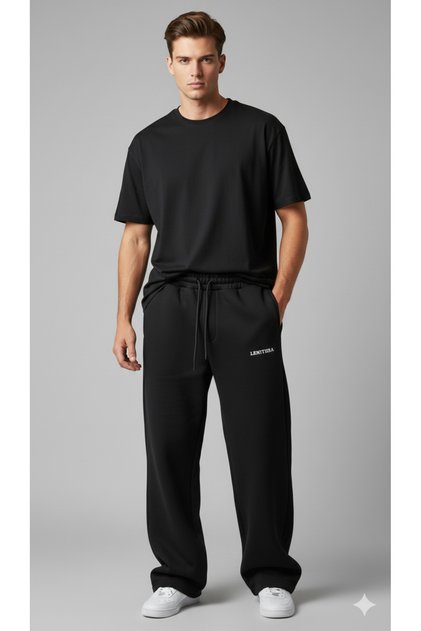Lenithra Unisex Three Thread Ribbed Thick Winter Baggy Embroidery Detail Black Sweatpants