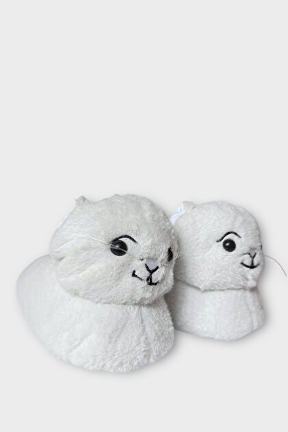 Kadın Sevimli Kedi Figürlü Peluş Panduf BEYAZ