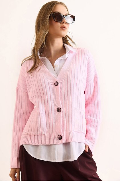 Women's Pink Pocketed Thick Ribbed Soft Textured Knit Cardigan Hrk-19000390