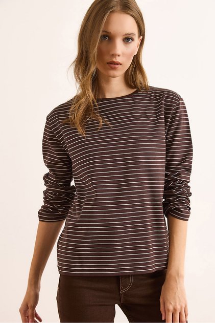 Women's Brown Striped Soft Textured Basic Sweatshirt Swt-19000742