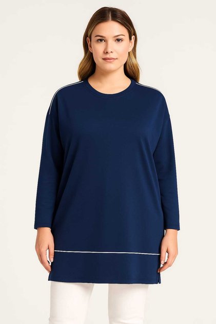 Women's Plus Size Indigo Sweatshirt with Crew Neck, Shoulder and Front Piping Details, Side Slits 65N39148