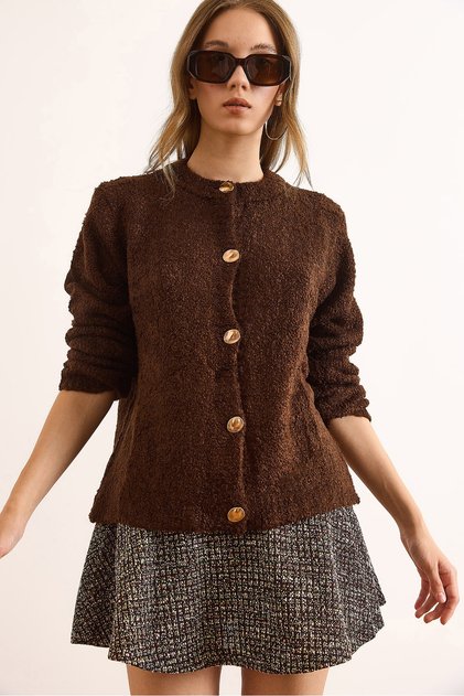 Women's Bitter Brown Crew Neck Boucle Knit Cardigan Hrk-19000393