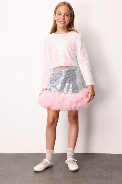 Silver Sequin Tulle Detailed Girls' Skirt - Sheron