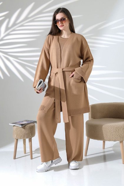 Women's Biscuit Crew Neck Blouse, Cardigan and Trousers 3-Piece Knitwear Set
