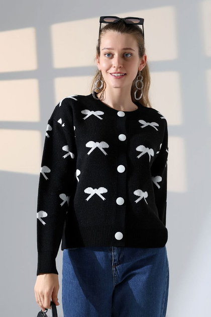 Women's Black Bow Patterned Buttoned Knitwear Cardigan