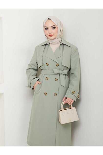 Amazon Linen Fabric Below-Knee Lined Slit Trendy Model Trench Coat Mint Green