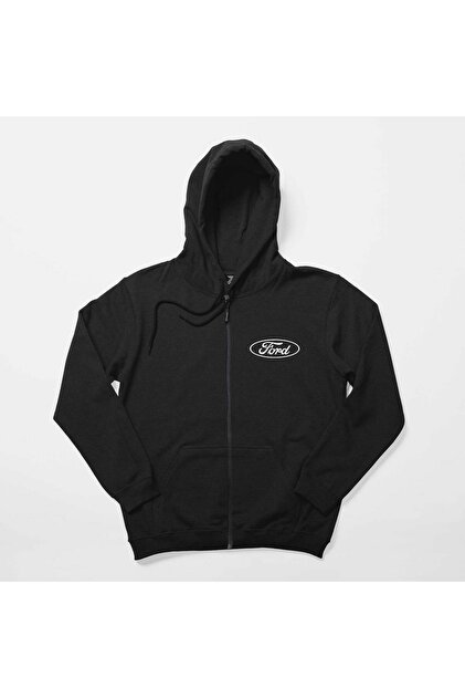 Z zepplin Ford Logo Text Siyah Fermuarlı Kapşonlu Sweatshirt