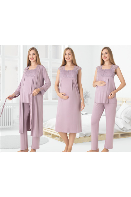 Lace-Detailed Elegant Robe, Nightgown, and Pajama 4-Piece Nursing and Maternity Set