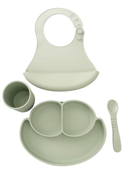 4-Piece Baby Feeding Set Mit Yeşili (Food Plate, Spoon, Cup, Bib)