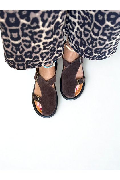 Brown Suede Genuine Leather Two Buckle Women's Sabo Slippers