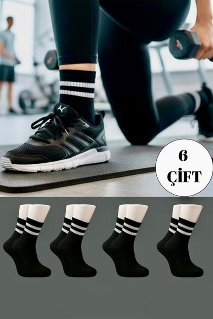 Unisex Black Half Socks Striped Tennis Socks College Set of 6
