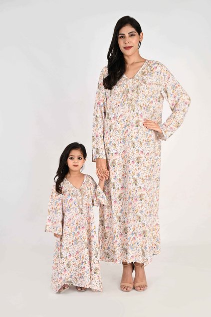 Kids Jalabiya – White Base with Multicoloured Florals and Embroidered Neckline