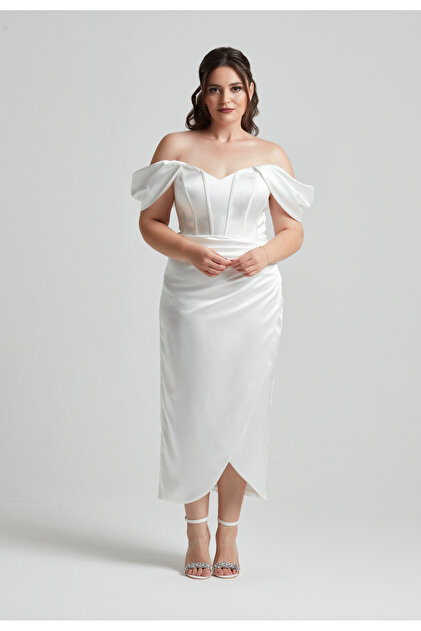 Moda Alba Low Sleeve Midi Length Plus Size White Engagement-Wedding Evening  Dress- Trendyol