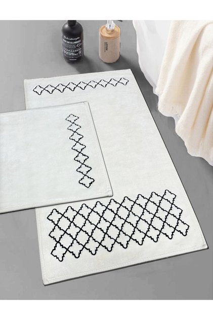 Luxury Black Embroidered 2-Piece 100% Cotton Bath Rug Set, Washable with Non-Slip Backing