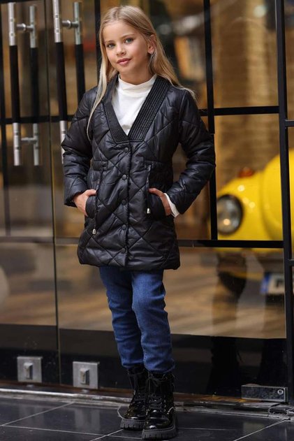 Girl's Puffer Jacket with Stripe Collar and Square Stitching Detail on Top, Pockets, Snap Buttons, Inflatable Black Coat