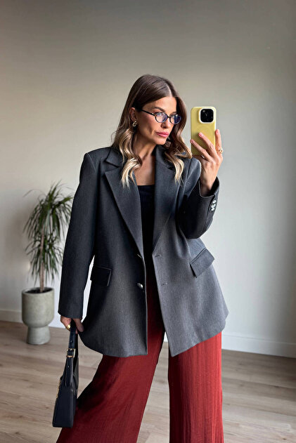 Anthracite Silver Buttoned Lined Blazer Jacket