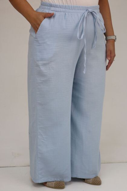 59021 Plus Size Elastic Waist Muslin Wide Leg Pants - Light Blue