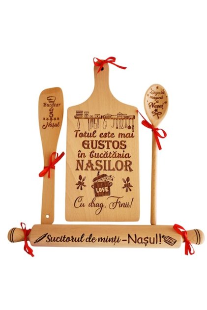 Set bucatarie cadou personalizat Nasi, gravura laser, Lemn, Model 1