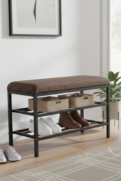 Lotus Metal Modern Ayakkabılık, Bank, Yatak Ucu, Organizer, Oturak,Puf 3 Katlı 30x70 Keten Kumaş