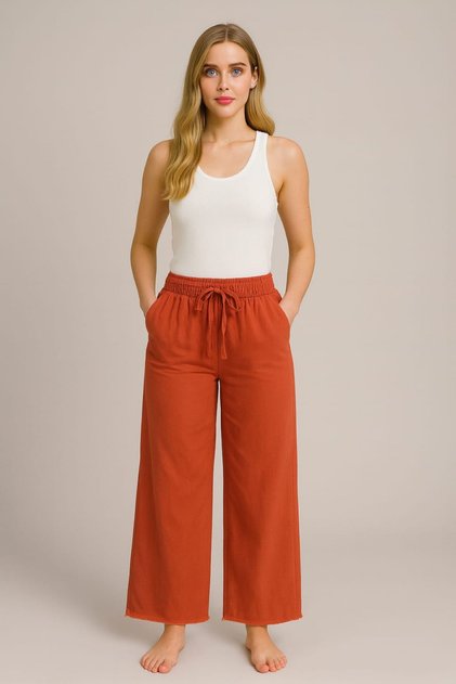 Tile 100% Cotton Gabardine Wide Leg Women's Trousers – Elastic Waist, Two Pockets, Comfortable, Suitable for All Seasons