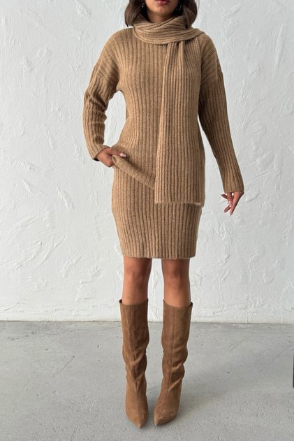 Women's Camel Brown Skirt Sweater Scarf 3-Piece Knitwear Set