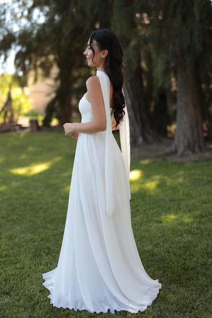 Straplez Şal Detaylı Nikah Elbisesi, Kırık Beyaz, Kloş Şifon Etek, Söz ve Nişan Elbisesi, Astrid