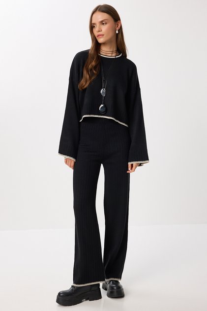 Contrast Stripe Sweater Pants Set Li̇y0003 Black